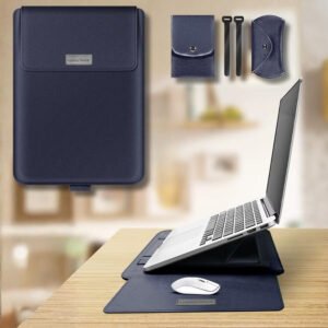 Support PC intégré en position inclinée avec housse bleu marine pour un confort de travail optimal.