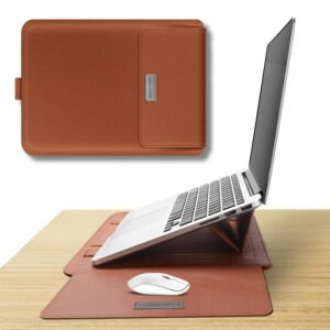 Housse Ordinateur avec Support PC Marron ouverte sur bureau avec support incliné ergonomique.