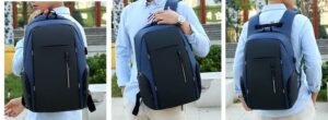 Sac PC portable homme bleu porté en ville, montrant son port et son style professionnel.