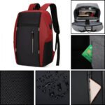 Détails du Sac A Dos Ordinateur 15 pouces noir rouge incluant tissu anti-rayures et zones hydrofuges.
