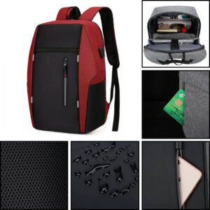 Détails du Sac A Dos Ordinateur 15 pouces noir rouge incluant tissu anti-rayures et zones hydrofuges.