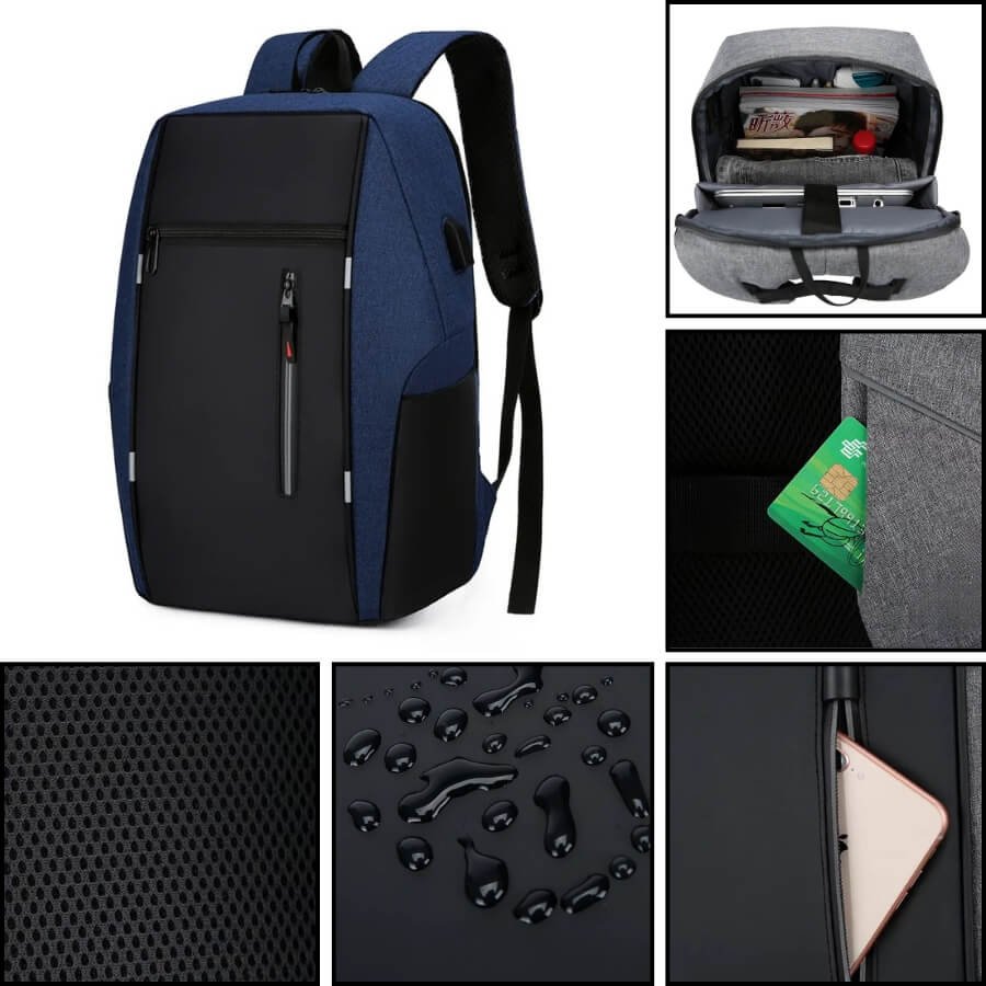 Détails du sac PC 15,6 pouces homme bleu avec coutures renforcées et matériaux premium.