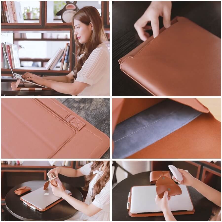 Détails couture et texture cuir PU de la Housse Ordinateur avec Support PC Marron, vue rapprochée.