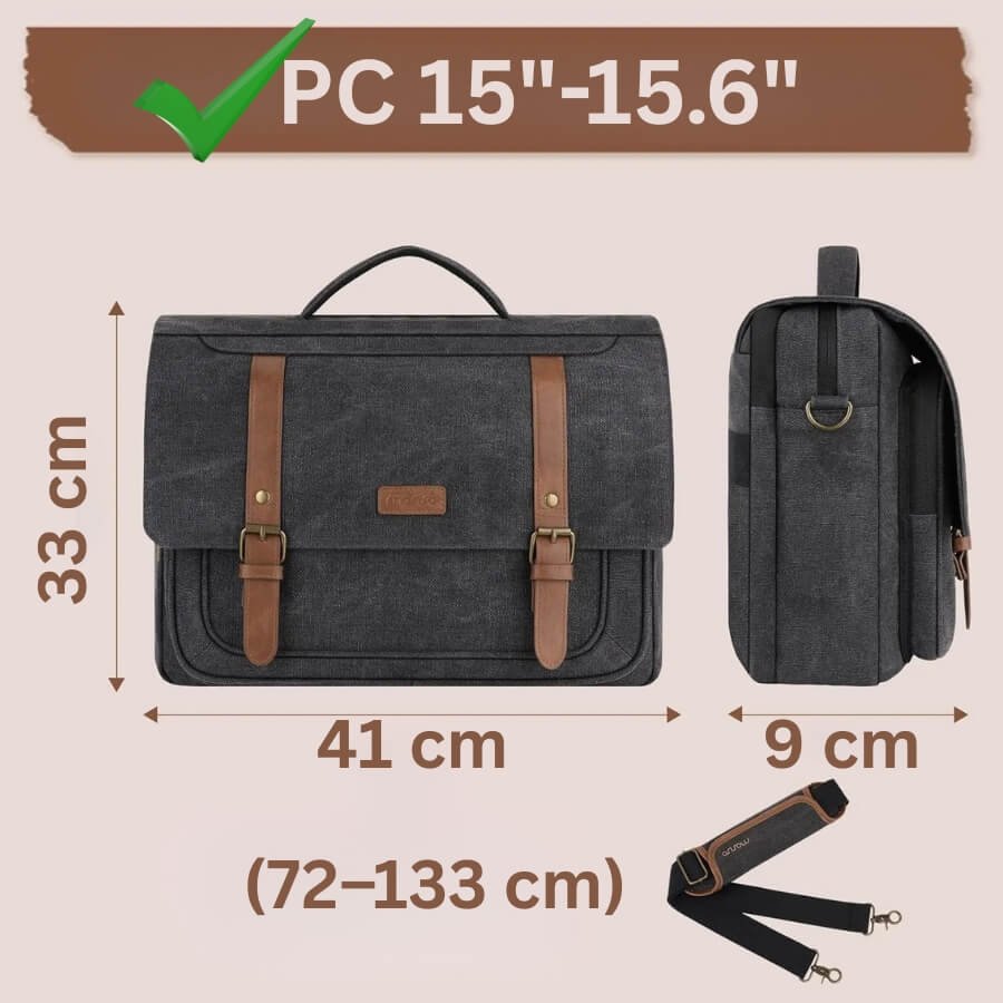Sac Ordinateur Homme Tendance gris foncé avec dimensions visibles et bandoulière réglable.