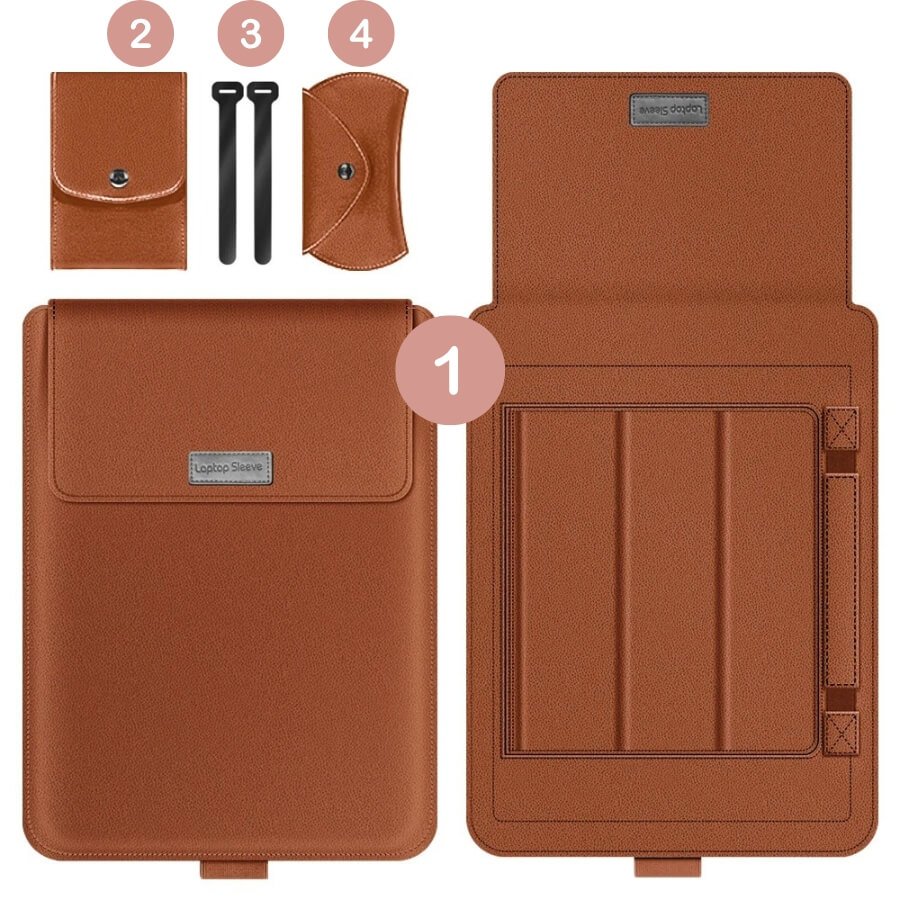Ensemble complet housse ordi et pochettes accessoires marron assorties pour ordinateur portable.