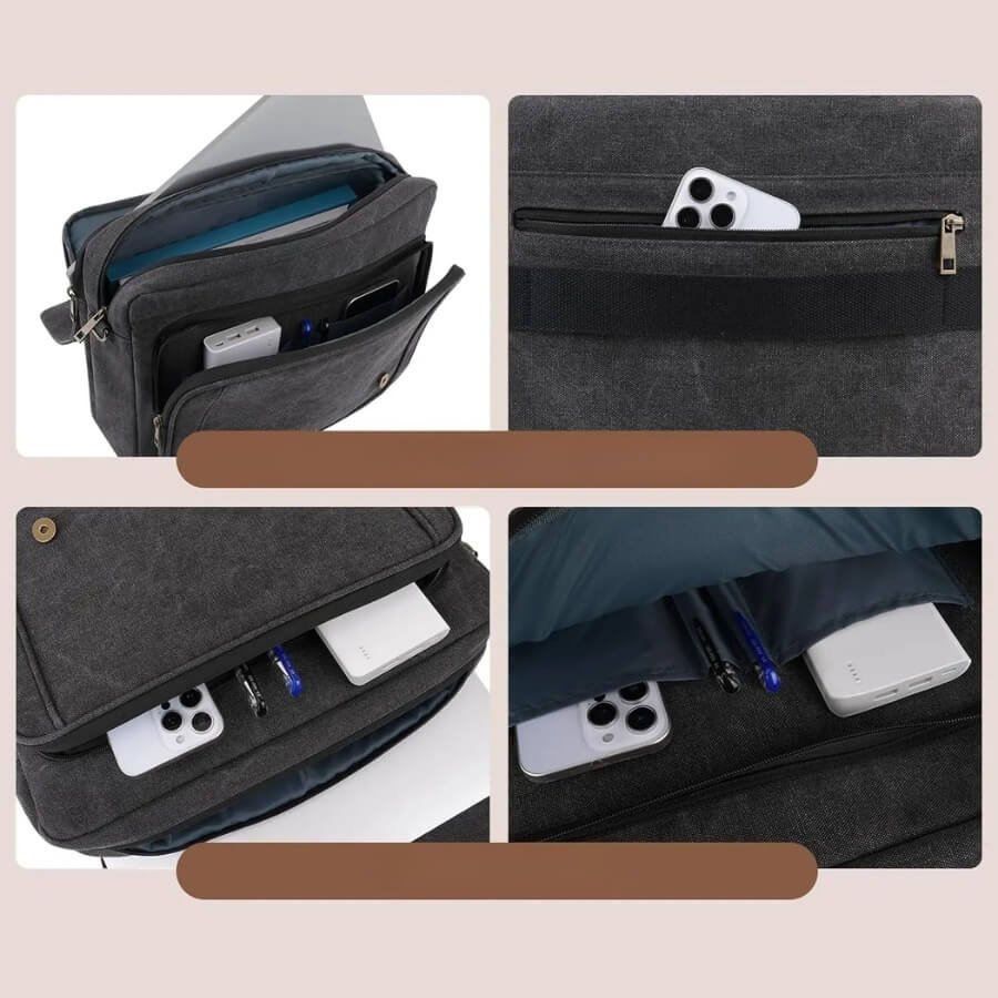 Sac Ordinateur Homme Tendance gris foncé avec dimensions visibles et bandoulière réglable.