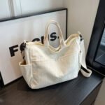 Tote Bag Velours Côtelé blanc avec fermeture éclaire et bandoulière