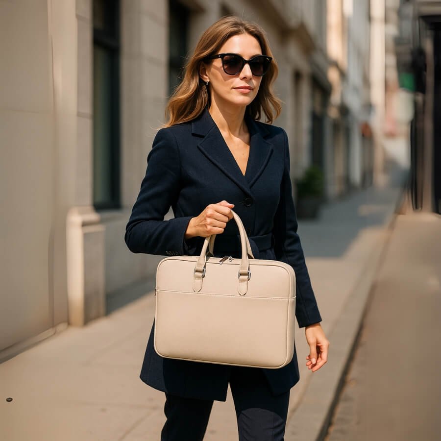 Femme élégante en costume tenant une sacoche ordinateur femme élégante de couleur beige dans une rue urbaine