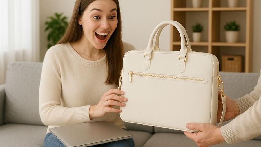 sacoche ordinateur idée cadeau : Femme souriante recevant une sacoche ordinateur beige élégante avec détails dorés, assise sur un canapé avec un laptop, idée cadeau pratique et raffinée
