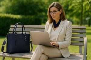 Femme élégante travaillant sur un ordinateur portable dans un parc, à côté d’un sac ordinateur femme 17 pouces bleu marine.