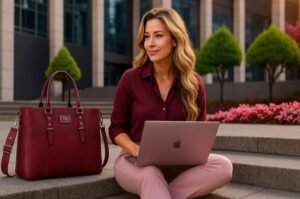 Femme élégante assise sur les marches d’un immeuble moderne, travaillant sur un ordinateur portable avec un grand sac cabas bordeaux en cuir PU à ses côtés, conçu pour ordinateur 17 pouces.