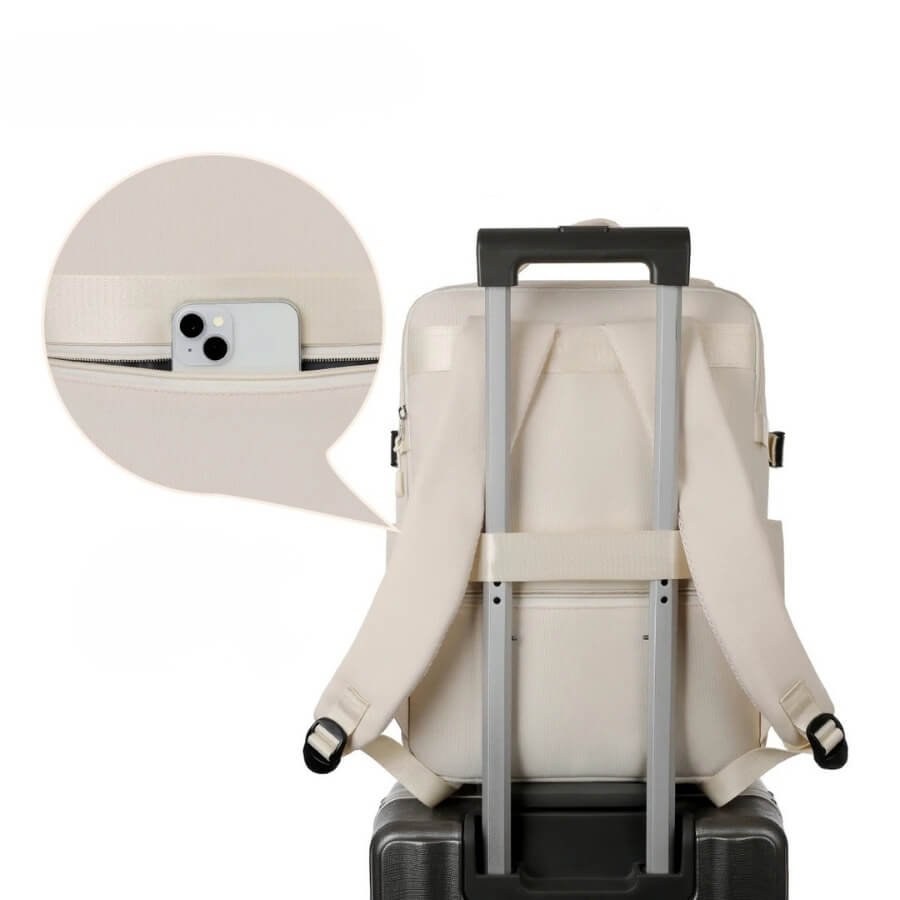 Poche antivol discrĂšte et sangle fixation valise au dos du Sac Ă Dos Cabine 40x30x20 cm.