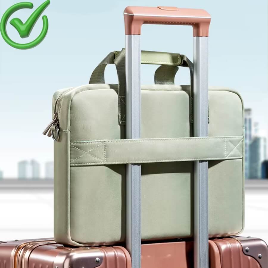 Sacoche ordinateur femme vert pastel fixée sur valise grâce à la sangle arrière renforcée.