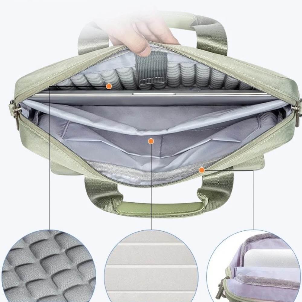 Compartiment antichoc de la sacoche PC 13 pouces vert pastel avec structure matelassée protectrice.