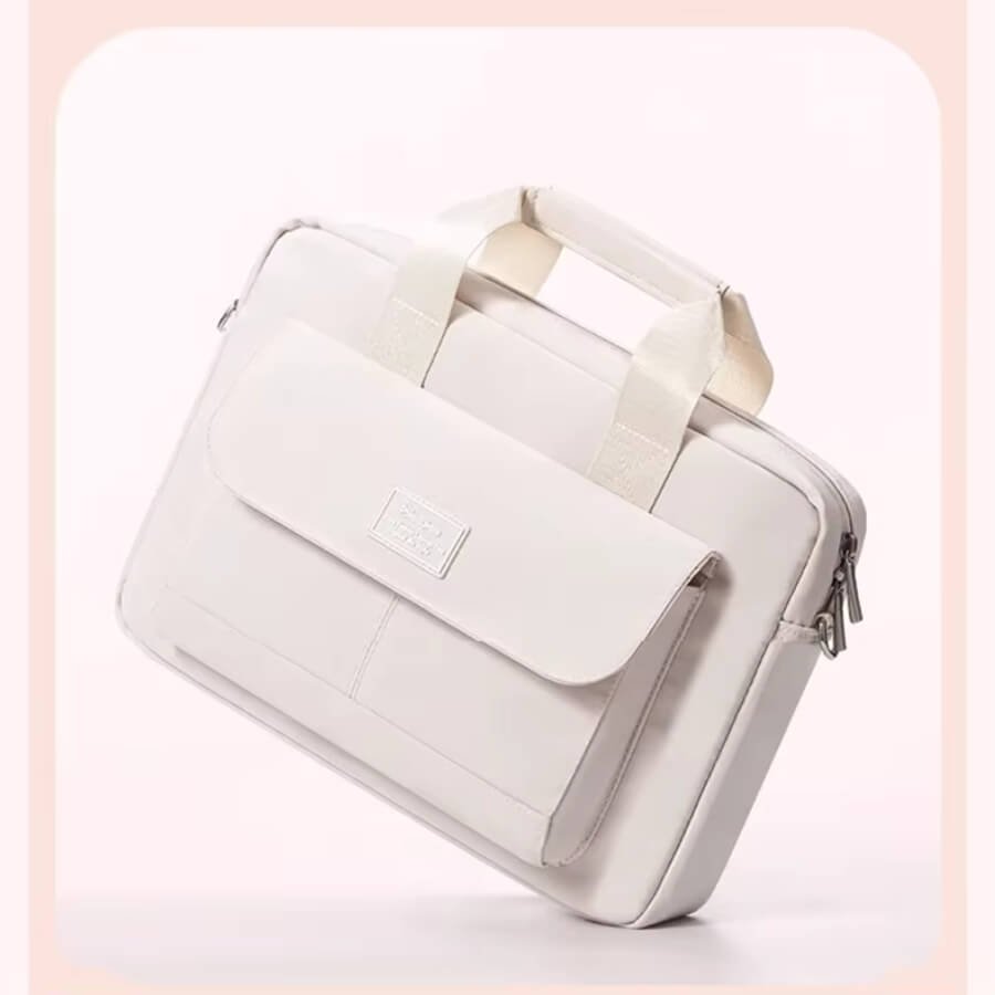 Vue suspendue de la Sacoche Ordinateur Femme Tendance 14 pouces beige, design moderne et silhouette élégante