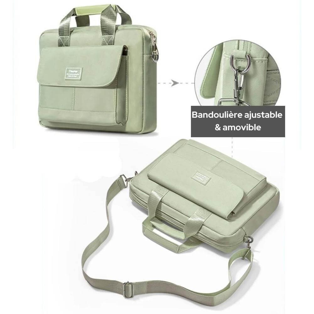 Sac avec bandoulière amovible vert pastel pour ordinateur portable 14 pouces, style professionnel.