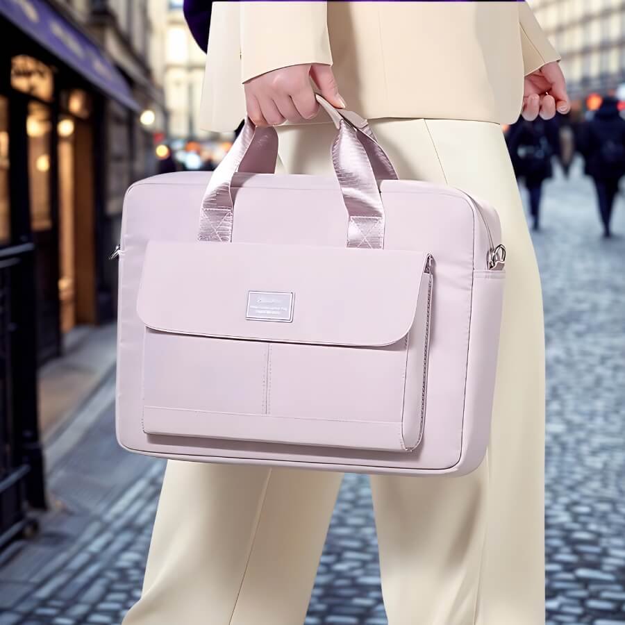 Sac ordinateur femme tendance lavande poudré porté en ville, style professionnel et féminin.