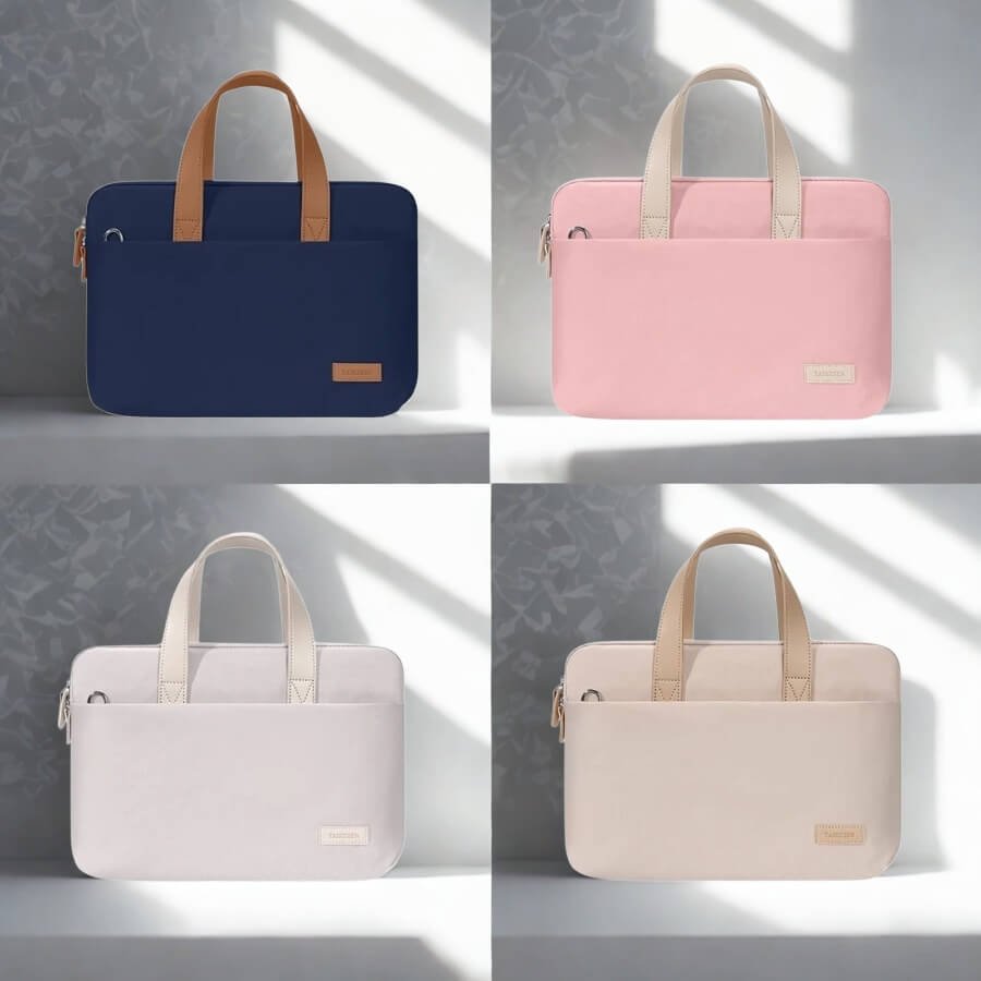 Quatre coloris de sacoches femme professionnelles : bleu marine, rose poudré, gris clair et beige sable.