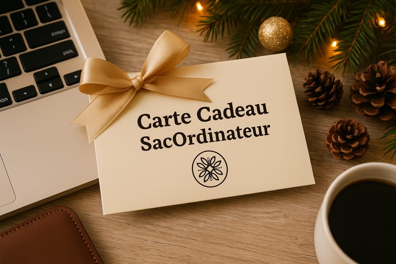 Carte cadeau SacOrdinateur Ă©lĂ©gante avec ruban dorĂ©, posĂ©e prĂšs dâun ordinateur portable dans une ambiance festive et chaleureuse.