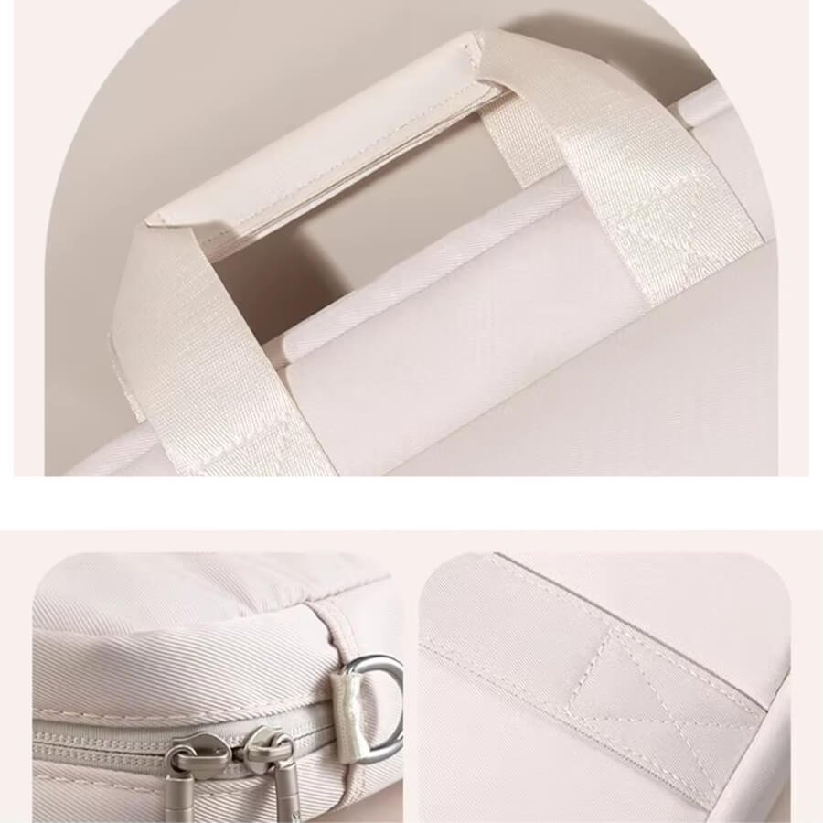 Sacoche Ordinateur Femme Tendance 14 pouces beige clair avec poignées renforcées vue de près.