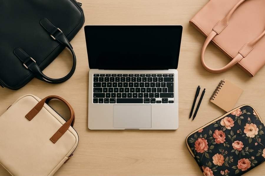 différence entre les types de sacs ordinateur : Vue de dessus : ordinateur portable au centre sur table en bois, entouré d’une sacoche noire, d’un tote rose, d’une pochette beige et d’une housse fleurie.