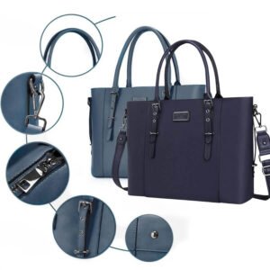 Gros plan sur les finitions du sac de travail femme : fermeture eclair, bandoulière, poignée