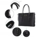 grand sac-ordinateur-femme-noir-elegant-details-finitions-metal Détails du sac ordinateur noir élégant : poignées, boucles, zip et pieds métalliques.