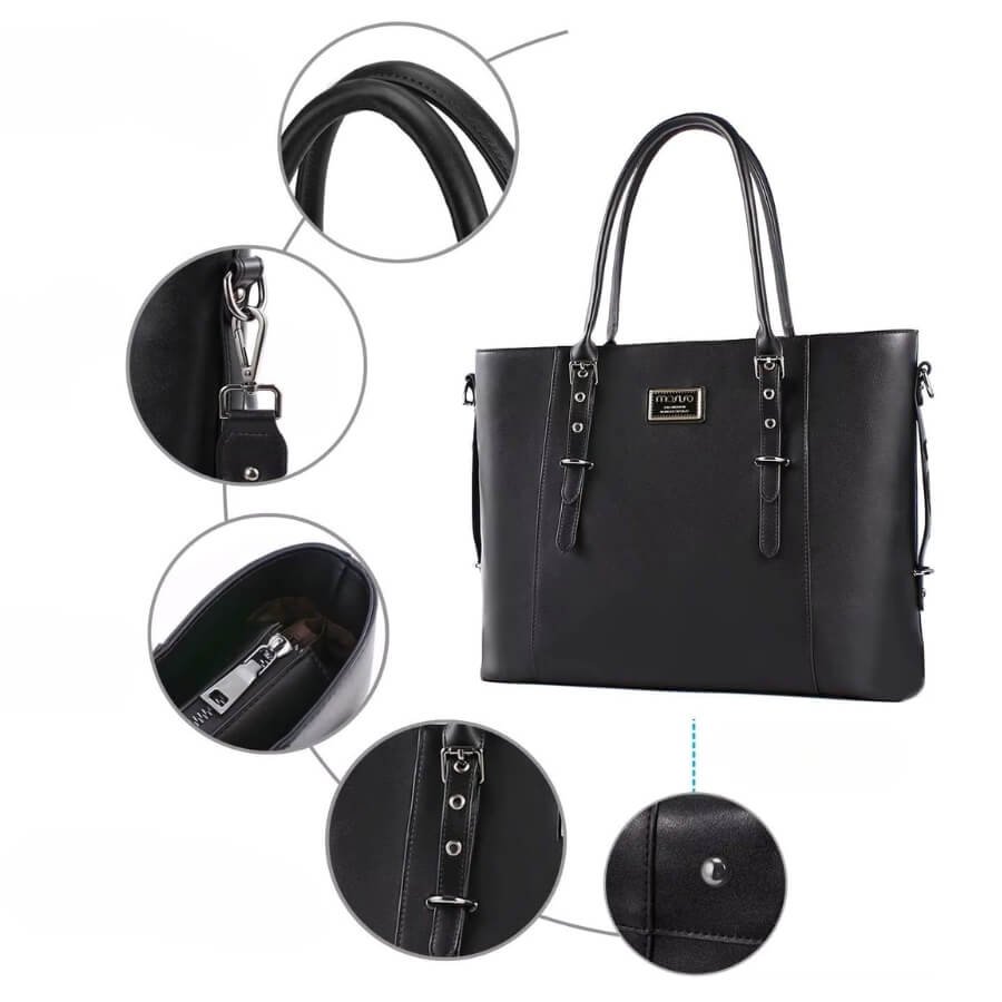Détails du sac ordinateur noir élégant : poignées, boucles, zip et pieds métalliques.