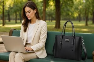 Femme en tailleur beige à sur banquette-avec sac ordinateur femme 17 pouces noir élégant posé à côté.