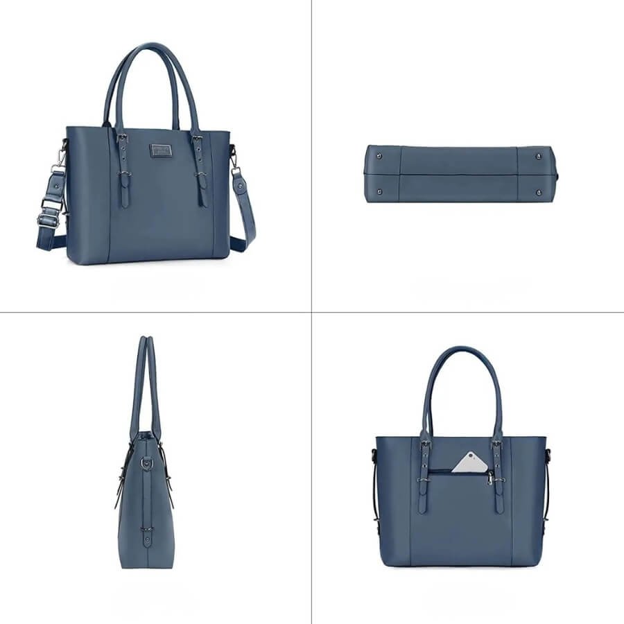 Sac à main femme vu sous différents angles – avant, arrière, côté et dessous, montrant la forme, les poignées et la bandoulière amovible.