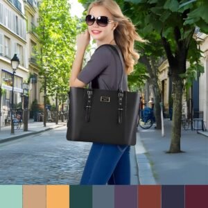 Sac ordinateur femme 17 pouces noir élégant en ville, palette couleurs tendance harmonisée.