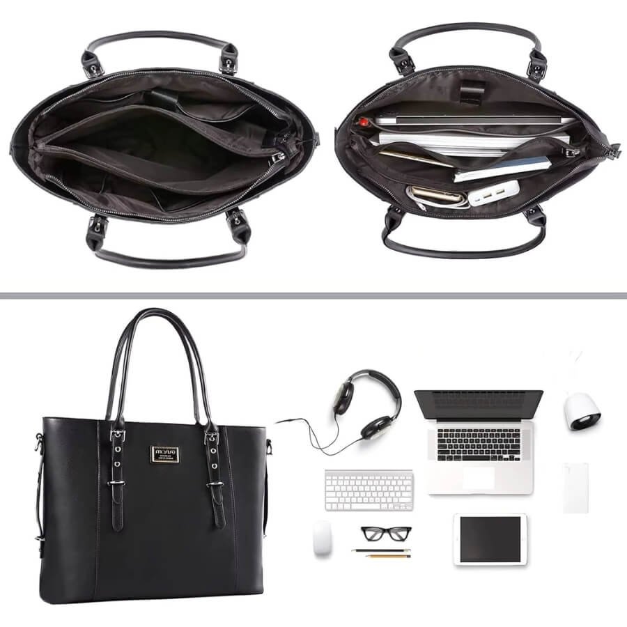 Intérieur du sac ordinateur 17 pouces noir élégant : compartiments rembourrés et rangements