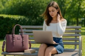 Sac ordinateur femme 17 pouces mauve – tote bag élégant posé près d’une femme travaillant sur son laptop dans un parc