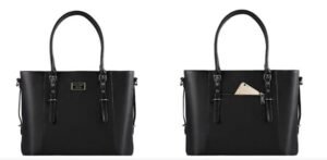 Sac ordinateur femme 17 pouces noir élégant vu de face et de dos, poche extérieure zippée.