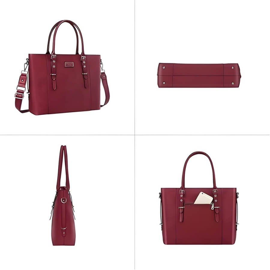 Vue complète du sac ordinateur femme 17 pouces bordeaux sous plusieurs angles : avant, arrière, côté et dessous.