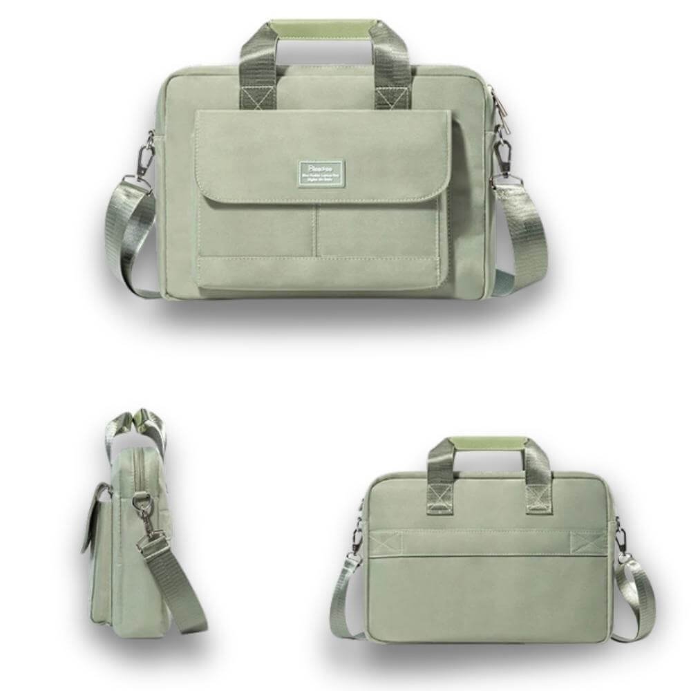Vue de face, côté et dos du sac PC 13 pouces vert avec design tendance et silhouette fine.