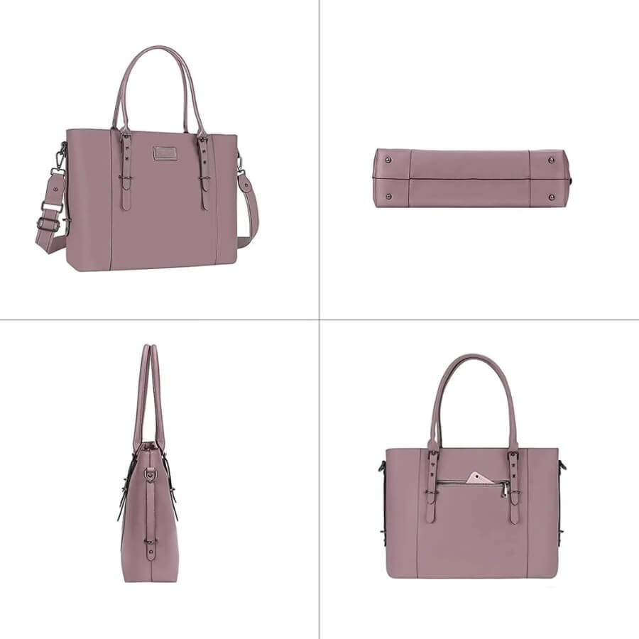 Vue complète du sac d'ordinateur femme 17 pouces mauve sous plusieurs angles : avant, arrière, côté et dessous.