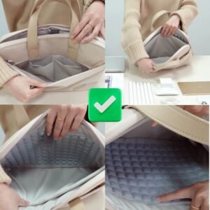 Organisation intérieure de la sacoche PC femme 15,6 et 16 pouces beige avec multiples poches de rangement.