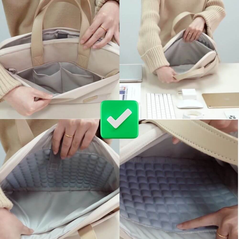 Organisation intérieure de la sacoche PC femme 15,6 et 16 pouces beige avec multiples poches de rangement.