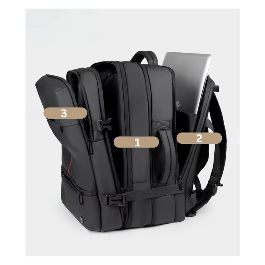 Sac A Dos Voyage Extensible 3 compartiments avec organisation interne et structure demi-rigide.