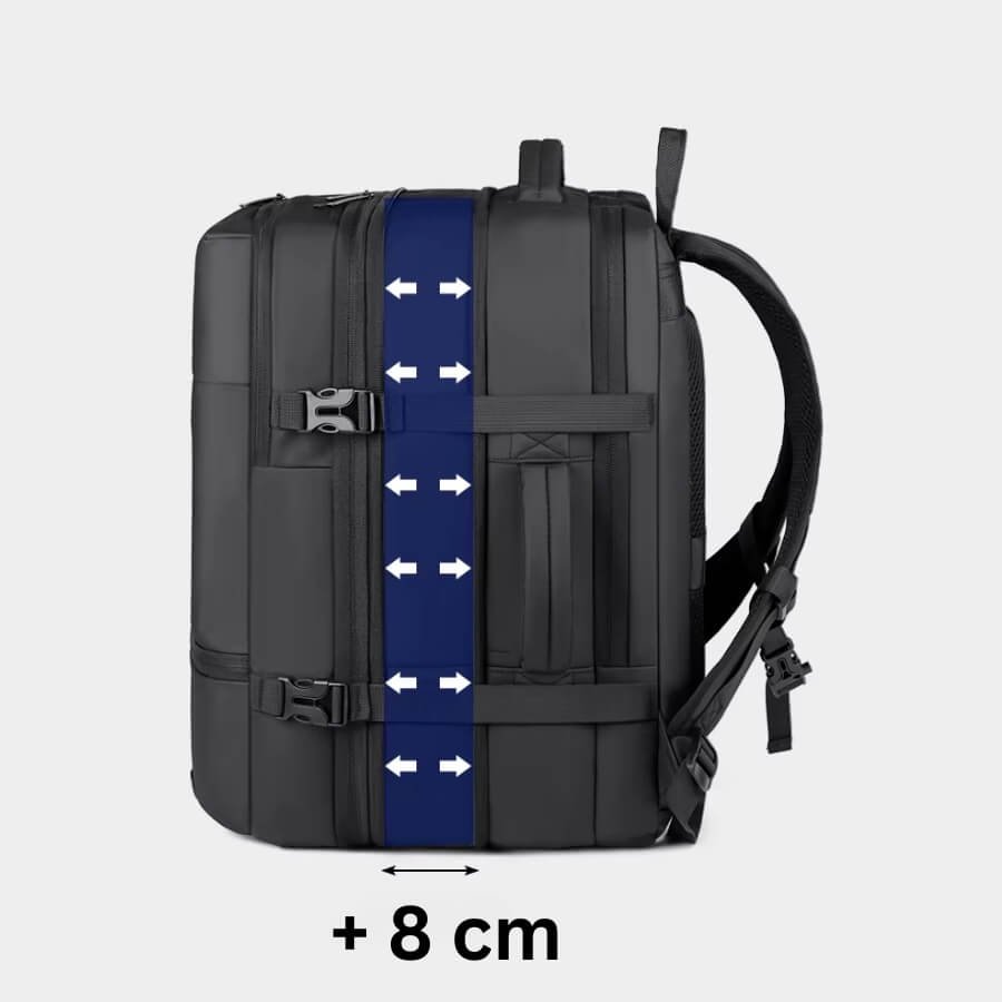 Sac A Dos Voyage Extensible Homme montrant l’extension +8 cm et les sangles latérales de maintien.