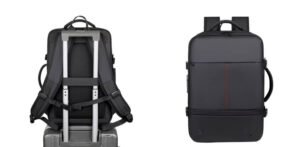 Vue arrière du Sac A Dos Voyage Extensible avec sangle trolley et dos ergonomique respirant.